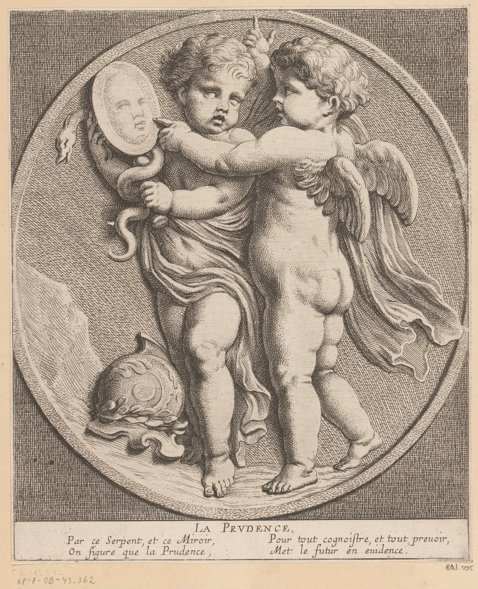 Twee putti met spiegel by Louis Ferdinand I Elle, print, 1654