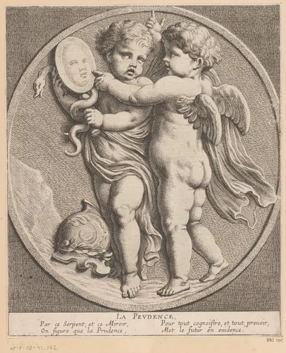 Twee putti met spiegel by Louis Ferdinand I Elle, print, 1654