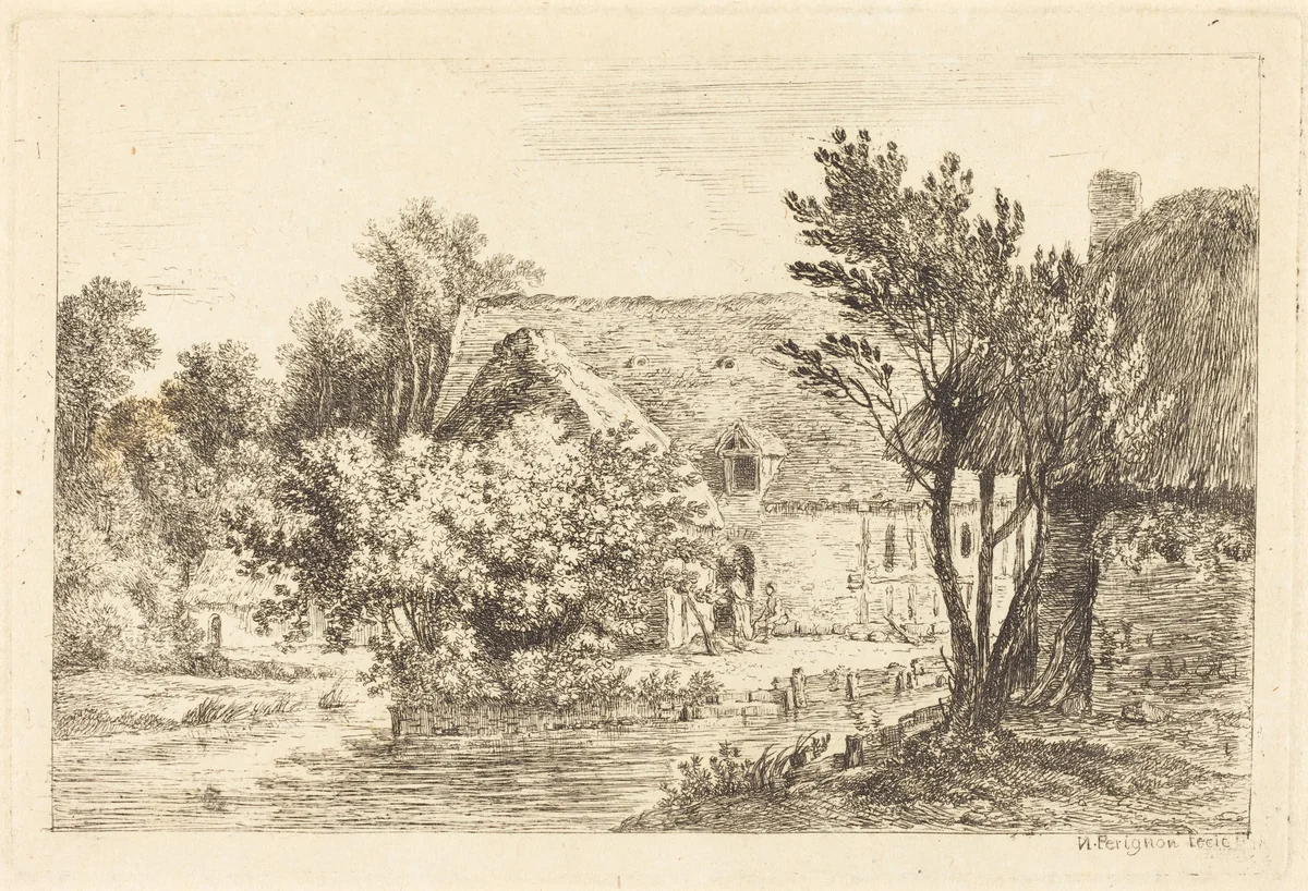 A House and a Shaded Cottage on the Banks of a River by Nicolas Pérignon, print, 1770