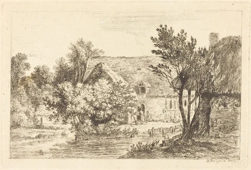 A House and a Shaded Cottage on the Banks of a River by Nicolas Pérignon, print, 1770