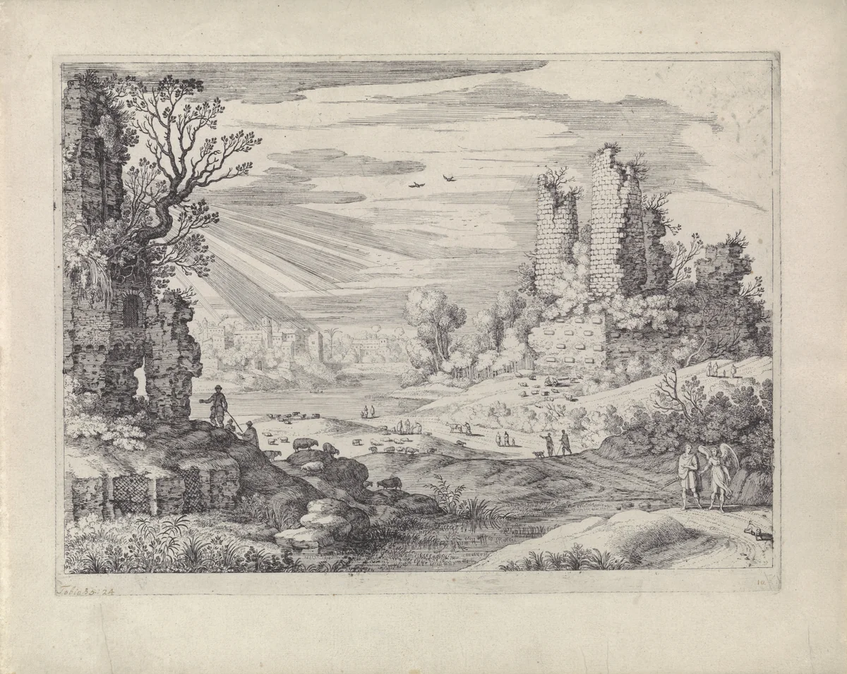 Italiaans landschap met Tobias en de engel by Guilliam van Nieulandt, print, 1594-1635