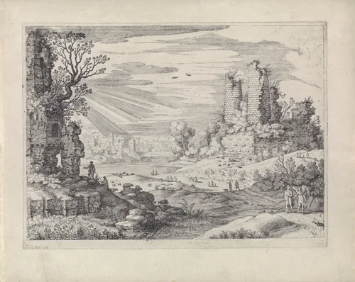 Italiaans landschap met Tobias en de engel by Guilliam van Nieulandt, print, 1594-1635