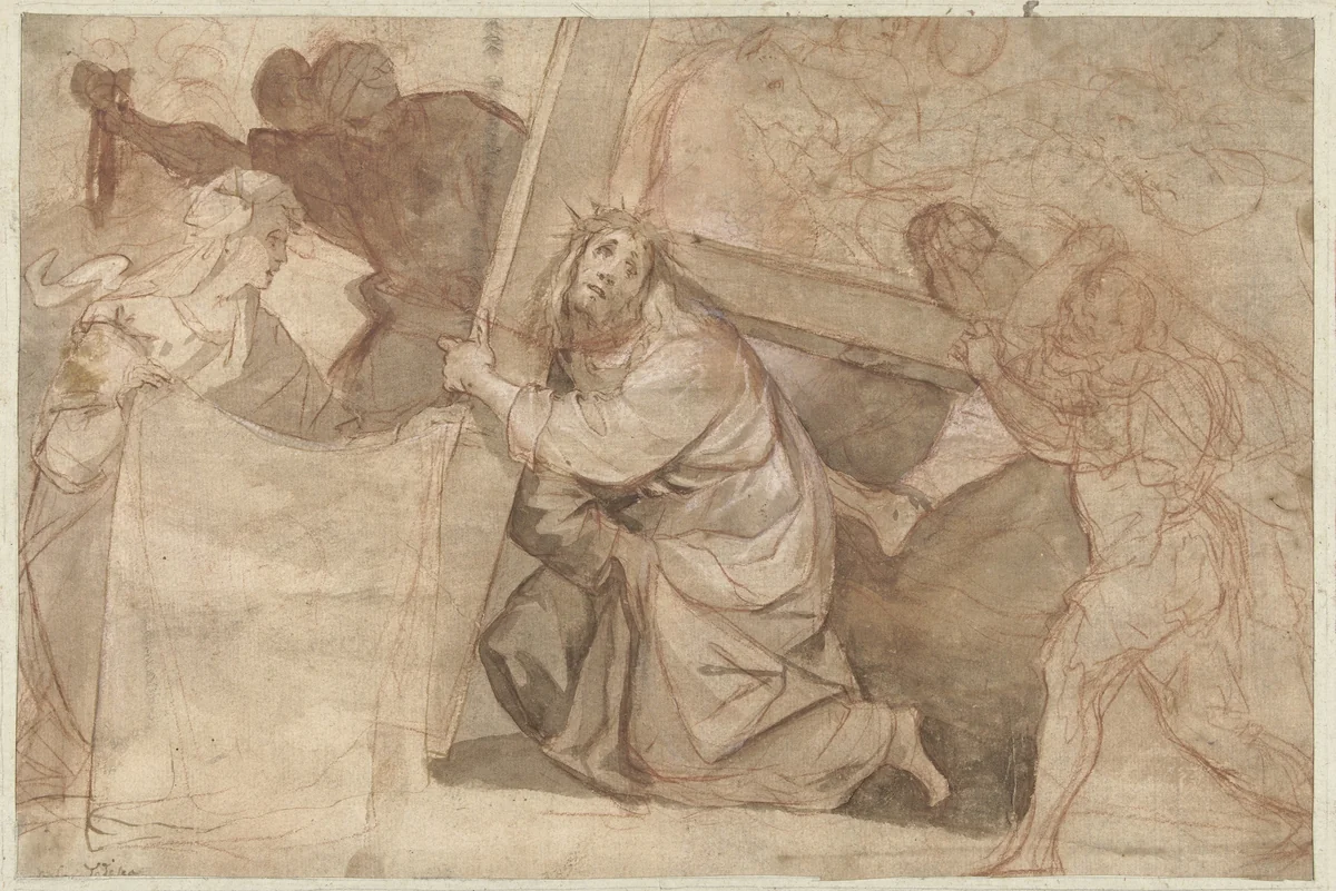 Christus valt onder het kruis by Unknown, drawing, 1581-1640