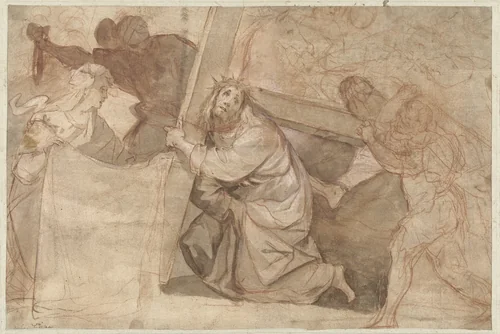 Christus valt onder het kruis by Unknown, drawing, 1581-1640