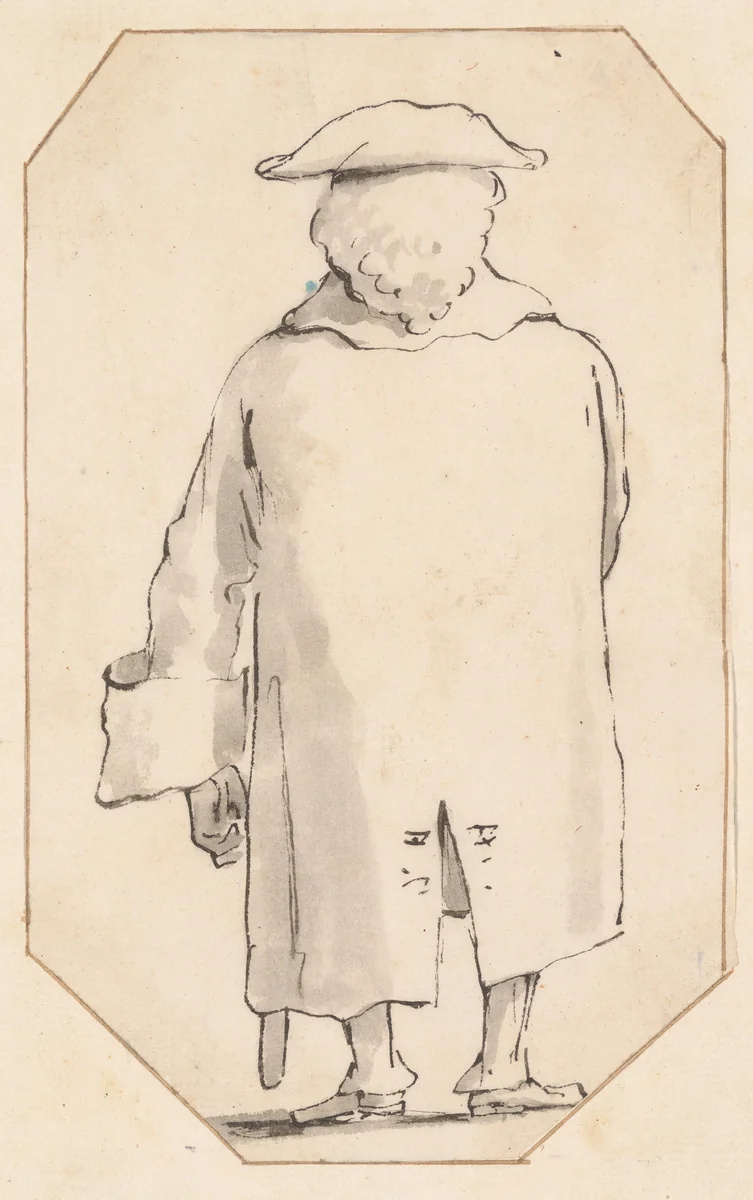 Caricature of a Man Wearing a Wig and a Tricorne, Seen from Behind by Giovanni Battista Tiepolo, drawing, 1755-1765
