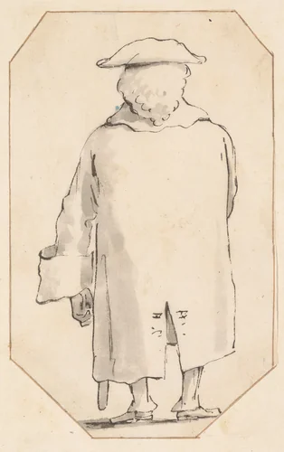 Caricature of a Man Wearing a Wig and a Tricorne, Seen from Behind by Giovanni Battista Tiepolo, drawing, 1755-1765