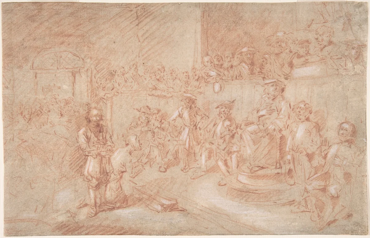 Two Men Before a Judge in a Crowded Courtroom by Egbert Jasperszoon van Heemskerck, drawing, 1650-1704