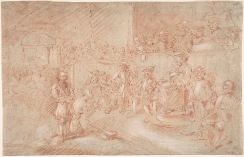 Two Men Before a Judge in a Crowded Courtroom by Egbert Jasperszoon van Heemskerck, drawing, 1650-1704