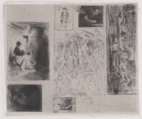 Composite plate: Woman and Children (a), Old Musician (b), Frying Merchant (c), Landscape (d), Landscape (e), Praying Monk (f), and Scavenger (g) by Charles Jacque, print, 1843