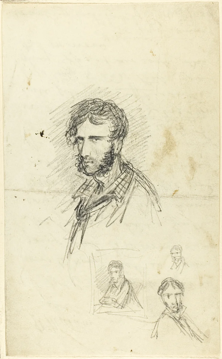 Self-Portrait with Three Sketches by George Cruikshank, drawing, 1812-1878
