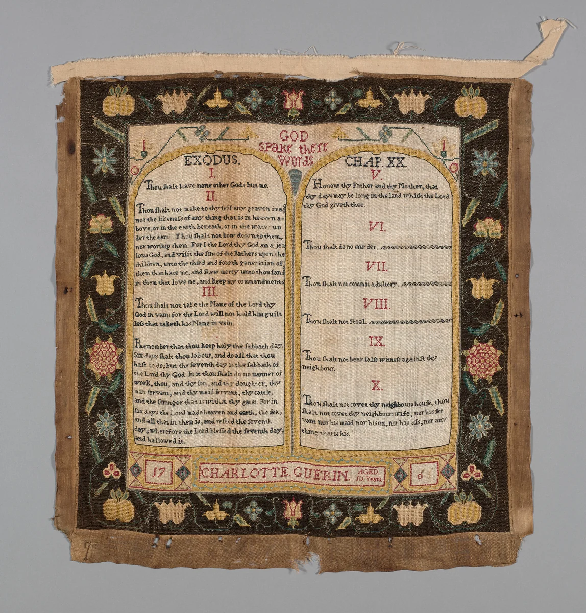 Sampler by Charlotte Guerin, textile, 1765-1766