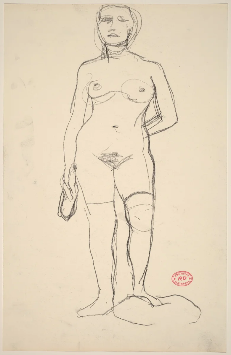 Untitled [standing female nude holding a bottle] by Richard Diebenkorn, drawing, 1955-1967