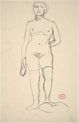 Untitled [standing female nude holding a bottle] by Richard Diebenkorn, drawing, 1955-1967