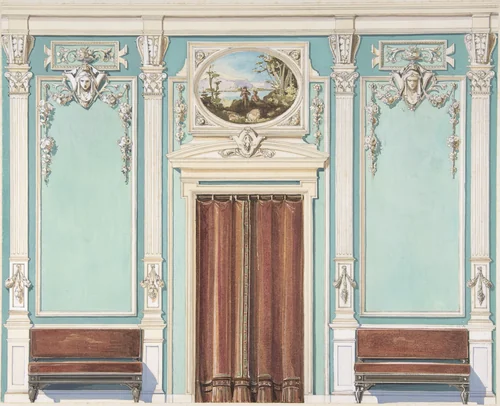 Interior Design with a Central Door with Brown Curtains Flanked by Benches, against an Aquamarine Wall, with an Overdoor Painting by anonymous, drawing, 1880-1900
