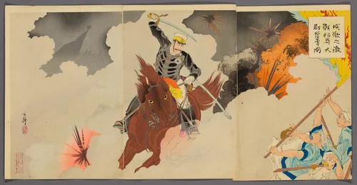 Captain Matsuzaki Bravely Fights at the Great Battle of Songhwan (Seikan no Gekissen, Matsuzaki Taii funyu no zu) by Migita Toshihide, print, 1894