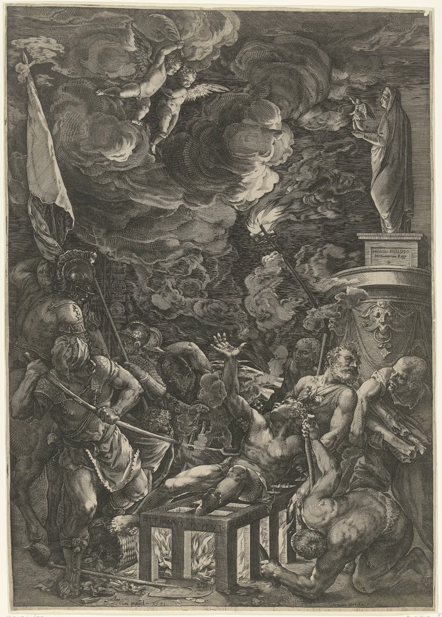 De marteling  van de H. Laurentius by Unknown, print, 1571
