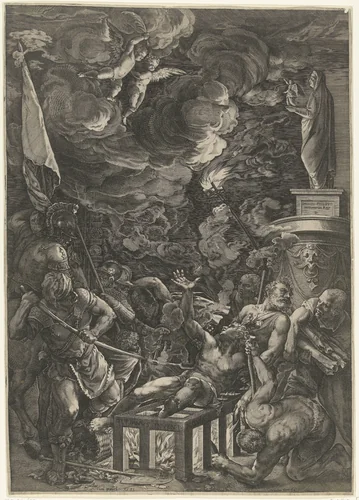 De marteling  van de H. Laurentius by Unknown, print, 1571