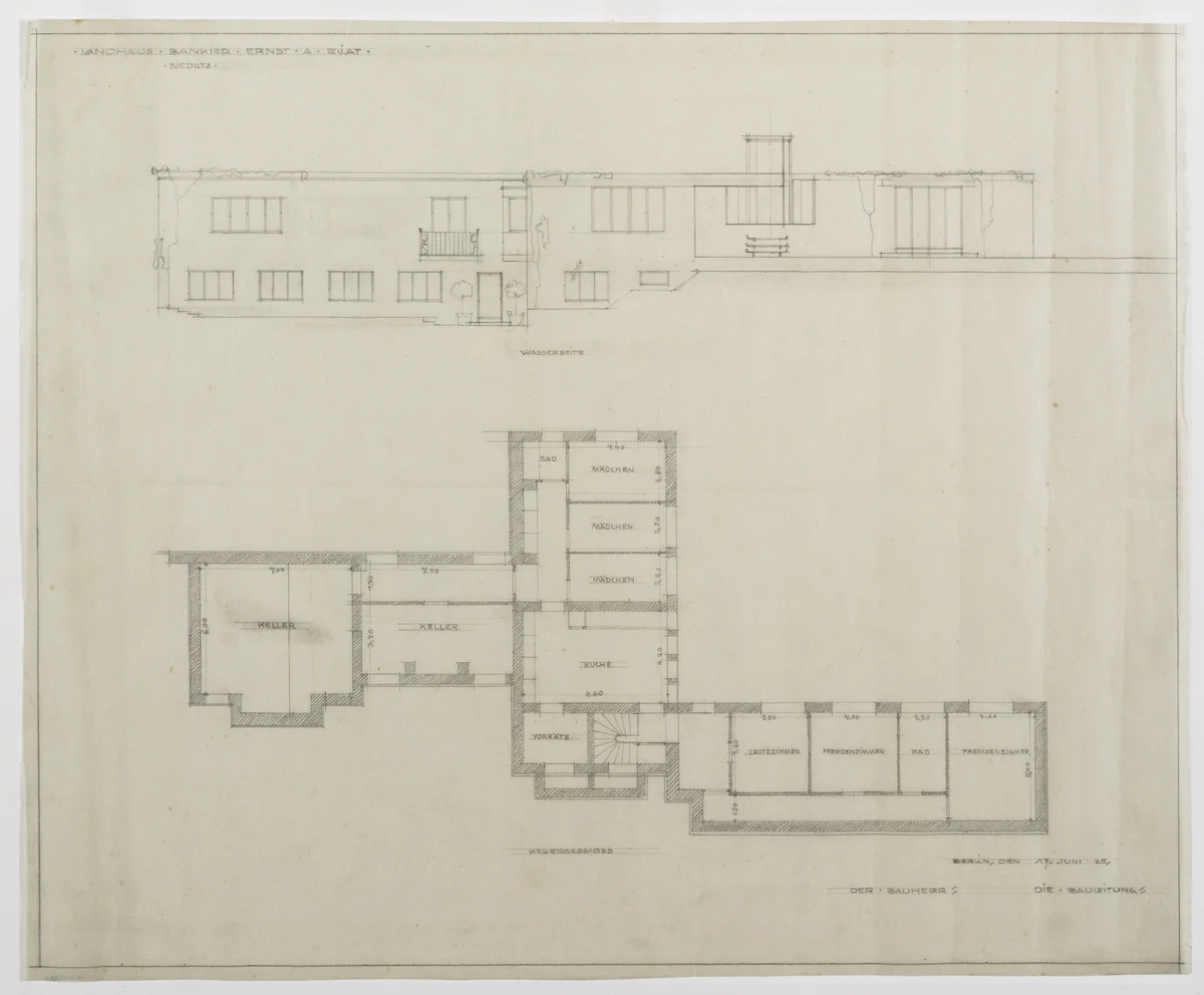 Eliat House Project, Potsdam-Nedlitz, Germany, Plan and elevation by Ludwig Mies van der Rohe, mies van der rohe archive, 1925