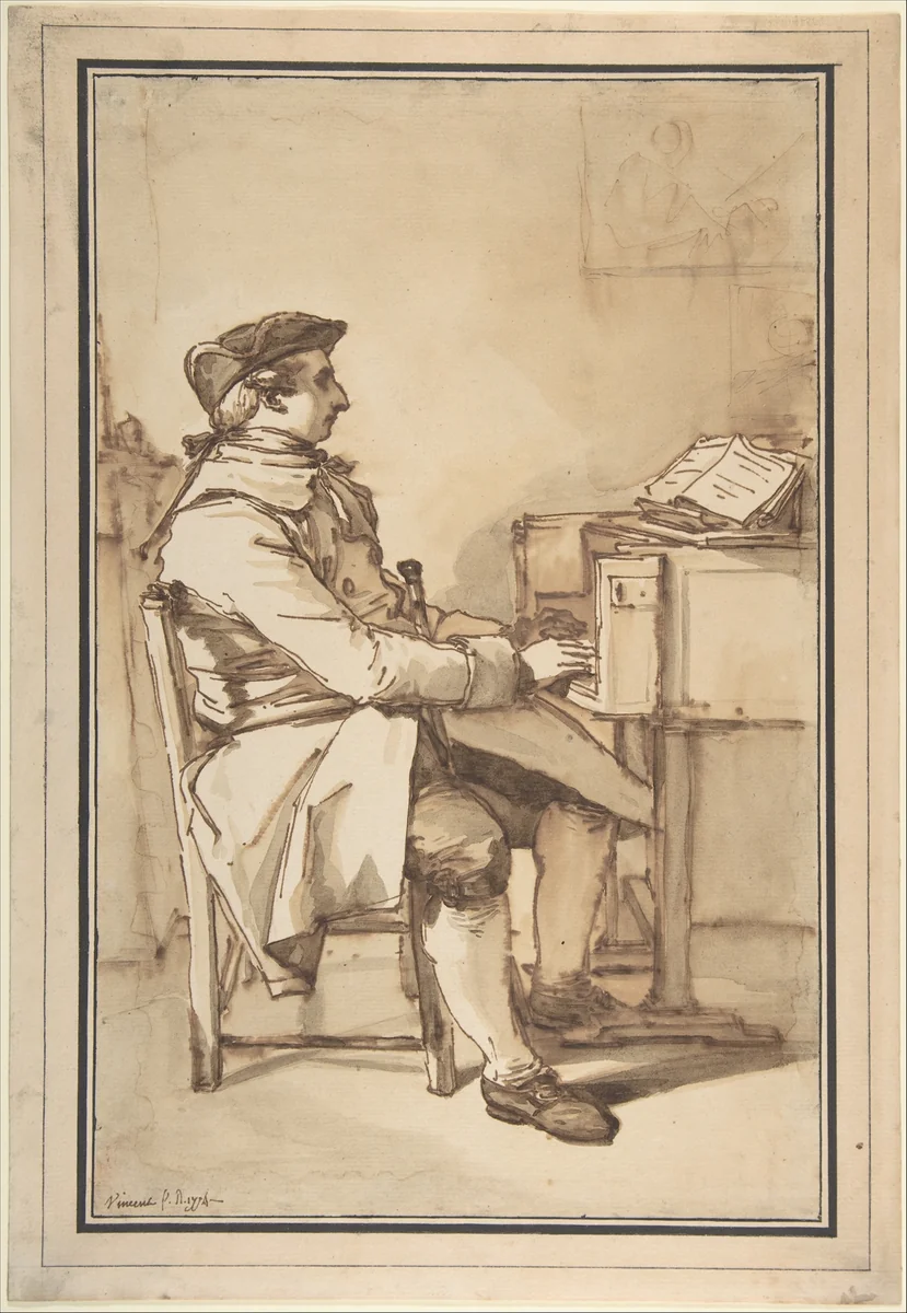 Man Seated at a Keyboard Instrument by François-André Vincent, drawing, 1774