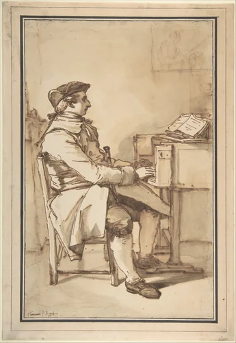 Man Seated at a Keyboard Instrument by François-André Vincent, drawing, 1774