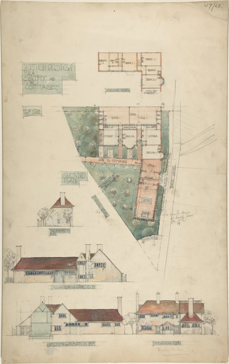 Design for a Smithy and Two Cottages by Charles Edward Mallows, drawing, 1880-1915
