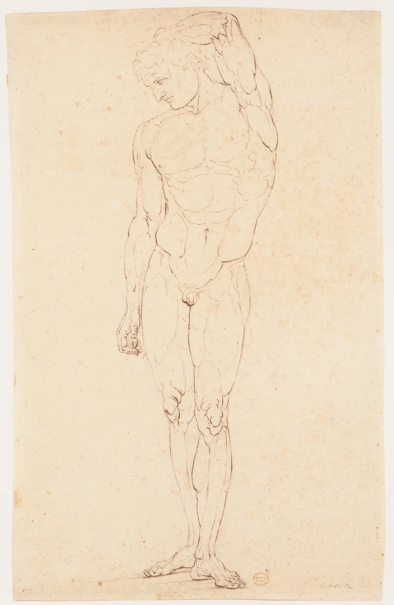 Nude Man Standing with One Arm Raised by anonymous, drawing, 1800-1830