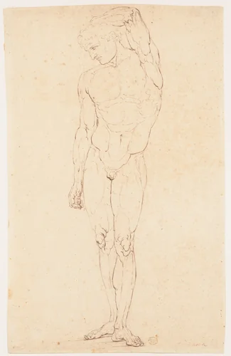 Nude Man Standing with One Arm Raised by anonymous, drawing, 1800-1830