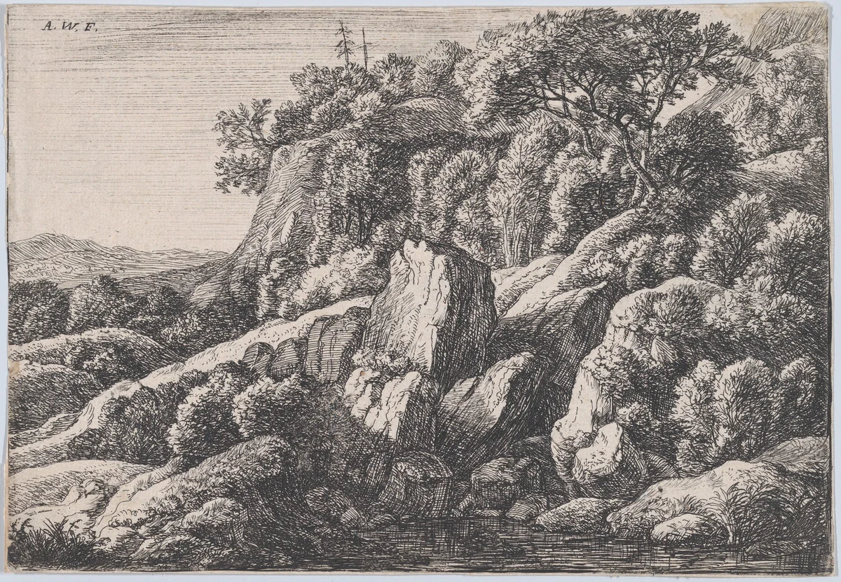 The Wilderness Covered with Rocks by Anthonie Waterloo, print, 1620-1690