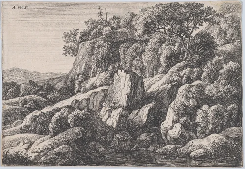 The Wilderness Covered with Rocks by Anthonie Waterloo, print, 1620-1690