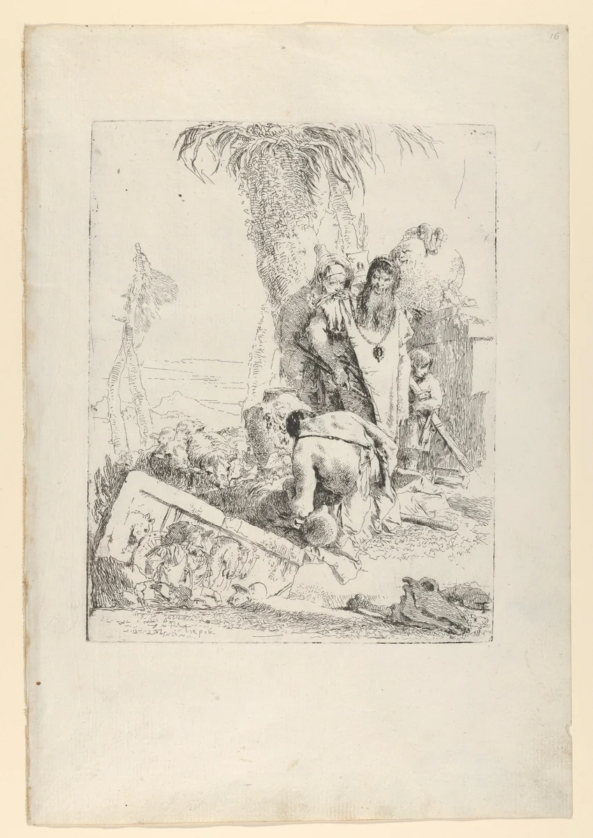 A Shepherd with two Magicians, from the Scherzi by Giovanni Battista Tiepolo, print, 1725-1780