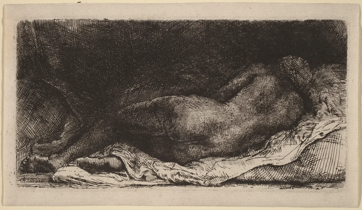 Reclining Female Nude by Rembrandt van Rijn, print, 1658
