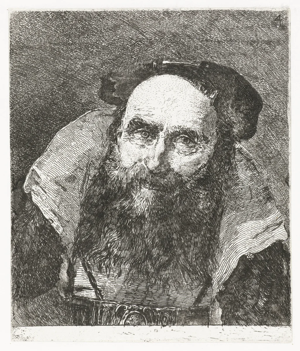 Lachende oude man by Giovanni Domenico Tiepolo, print, 1757-1758