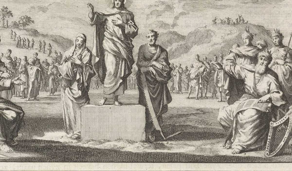 Christus op een voetstuk met rondom zijn voorvaderen by Jan Luyken, print, 1700