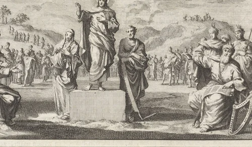 Christus op een voetstuk met rondom zijn voorvaderen by Jan Luyken, print, 1700