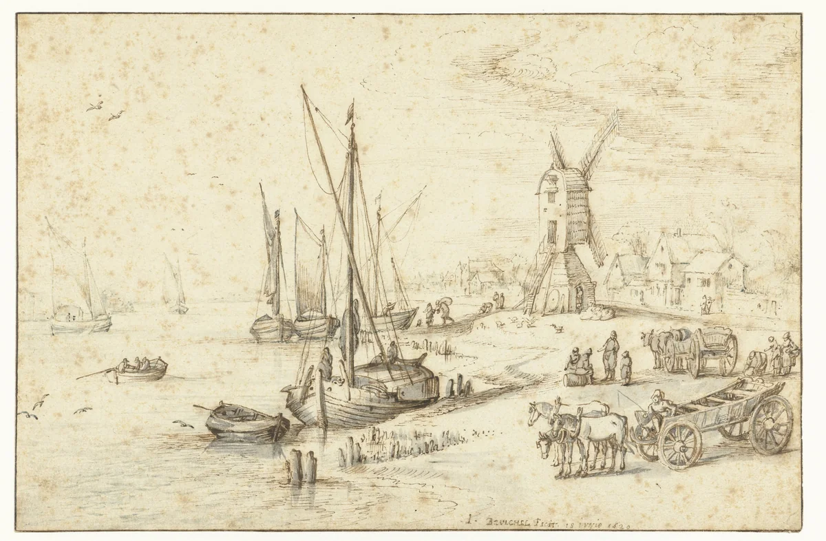 Een molen aan een drukbevaren rivier by Jan Brueghel, drawing, 1620