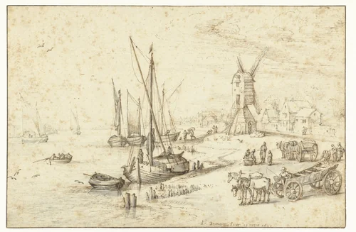 Een molen aan een drukbevaren rivier by Jan Brueghel, drawing, 1620