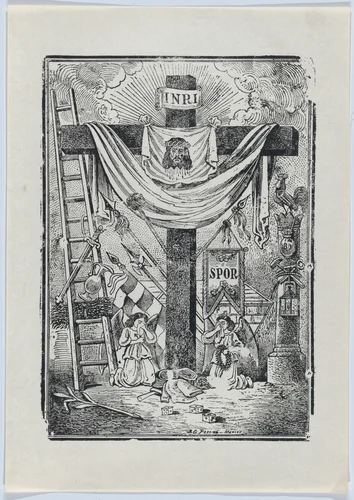 The cross decorated with instruments of the passion of Christ, two weeping angels below by José Guadalupe Posada, print, 1895-1905
