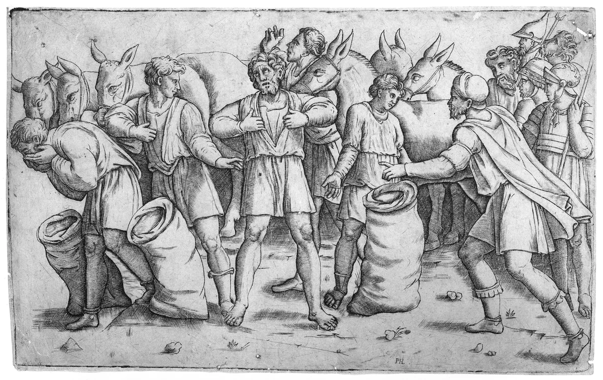 Joseph's cup found in Benjamin's sack from the biblical story of Joseph (Genesis 44); a scene with soldiers, mules and various figures by Giovanni Antonio da Brescia, print, 1515-1525