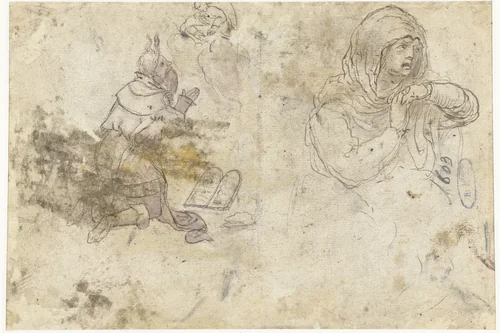 Mozes en een treurende Maria of Maria Magdalena by anonymous, drawing, 1500-1510