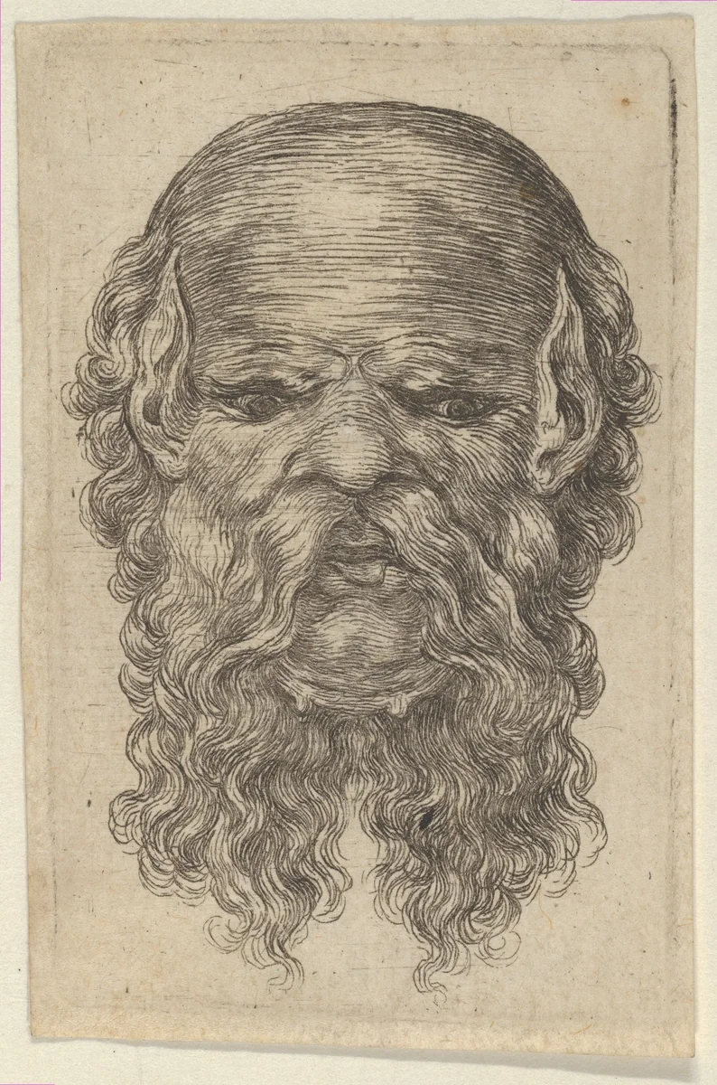 Mask of a Bald Man with Pointed Ears and a Long, Parted Beard, from "Divers Masques" by François Chauveau, print, 1630-1650