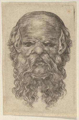 Mask of a Bald Man with Pointed Ears and a Long, Parted Beard, from "Divers Masques" by François Chauveau, print, 1630-1650