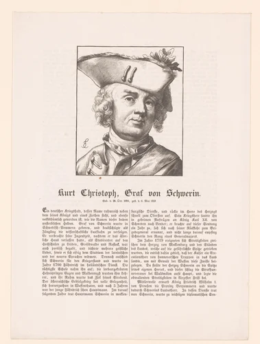 Portret van Kurt Christoph van Schwerin by Hugo Bürkner, print, 1854