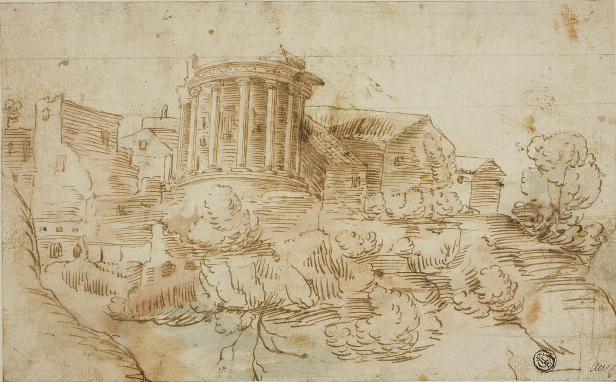 View of Temple of Vesta, Tivoli by Giovanni Francesco Grimaldi, drawing, 1626-1799