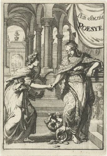 Apollo schudt de hand van een jonge vrouw by Jan Luyken, print, 1694