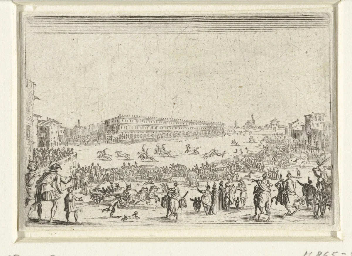 Paardenrennen op de Piazza Pitti te Florence by Jacques Callot, print, 1621