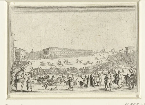 Paardenrennen op de Piazza Pitti te Florence by Jacques Callot, print, 1621