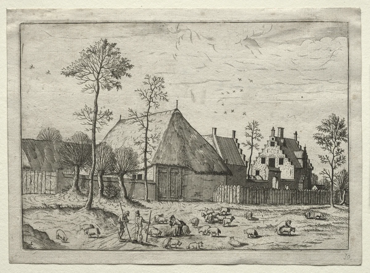 View of Villages in Brabant and Campine: Shepherds with Flock by Master of the Small Landscapes, print, 1554-1564