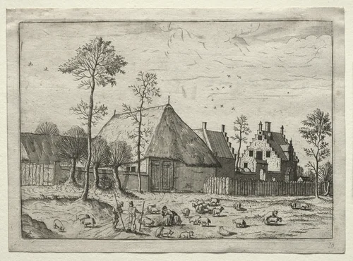 View of Villages in Brabant and Campine: Shepherds with Flock by Master of the Small Landscapes, print, 1554-1564