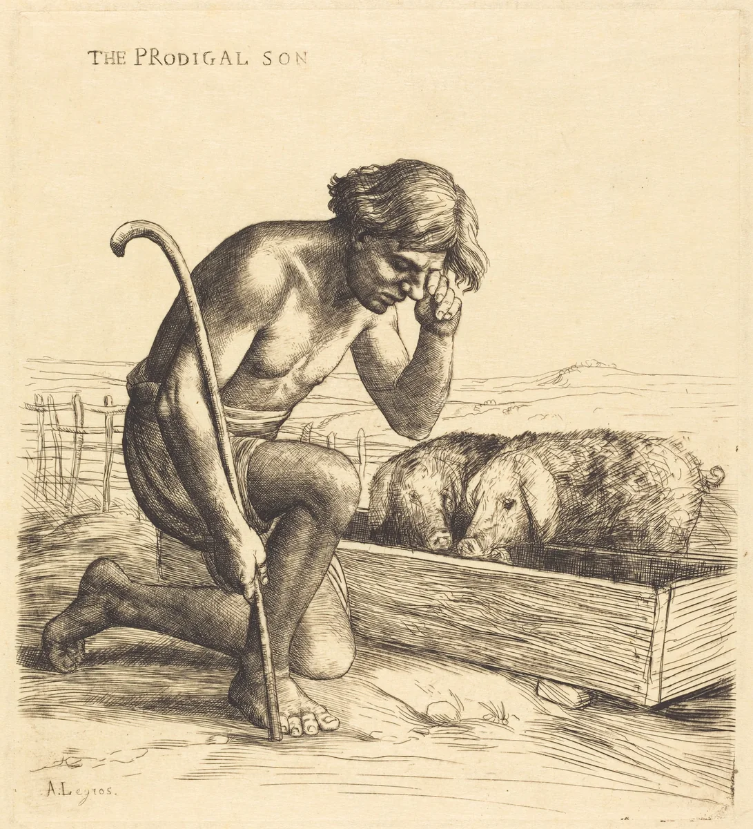 The Prodigal Son, 1st plate (L'enfant prodigue) by Alphonse Legros, print, 1837-1911