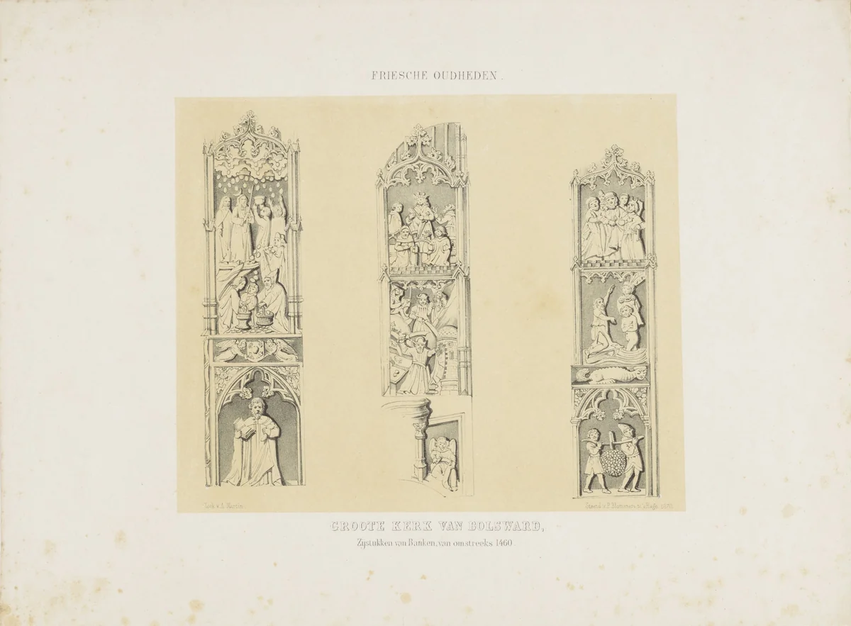 Details van de kerkbanken van de Grote Kerk in Bolsward by anonymous, print, 1870